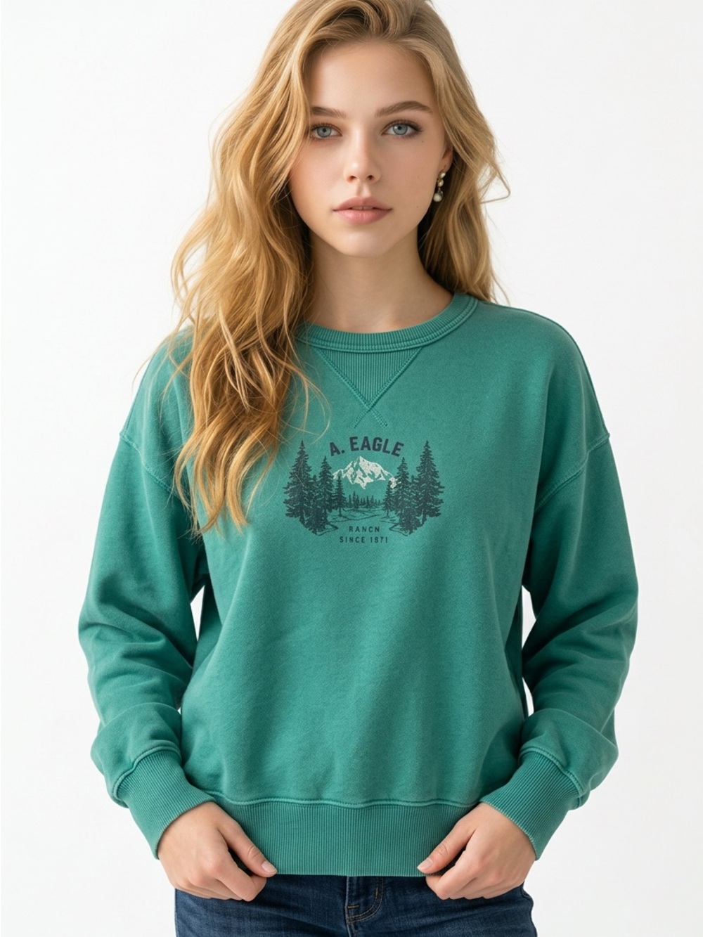 American Eagle Unisex XS‎ Green Graphic Crewneck Pullover Sweater
